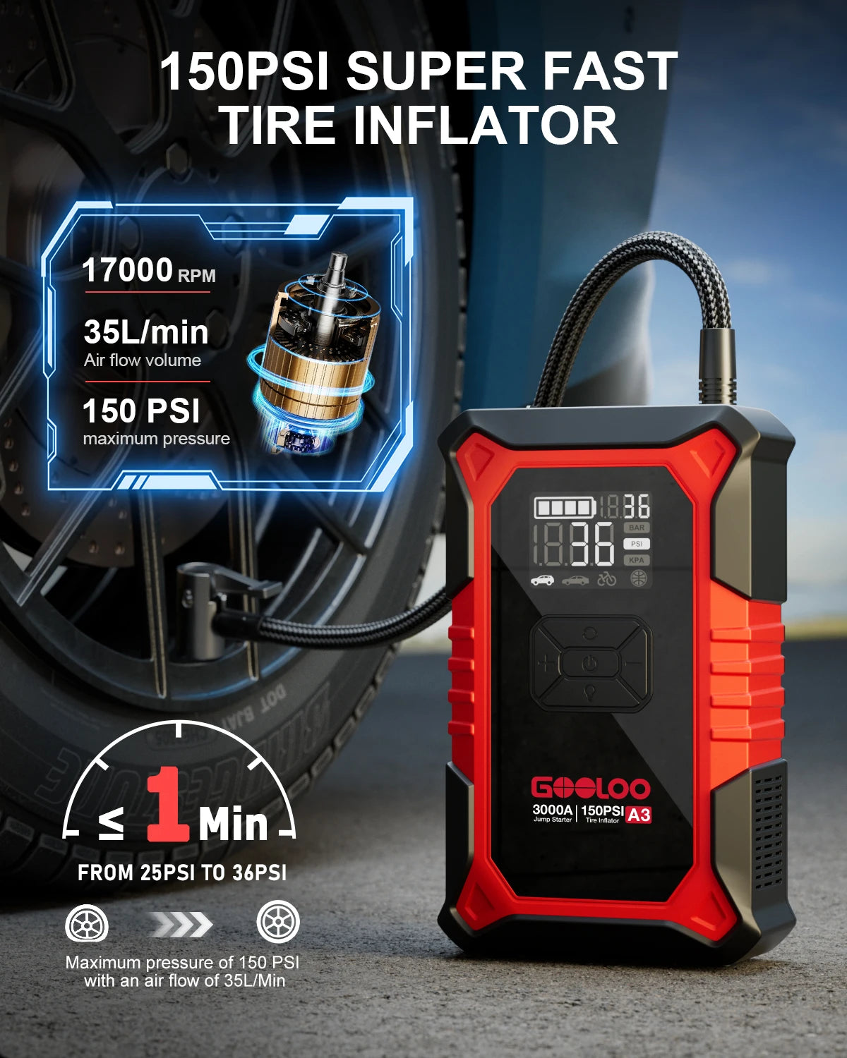 Jump Starter with Air Compressor, 3000A Portable Car Battery Booster
