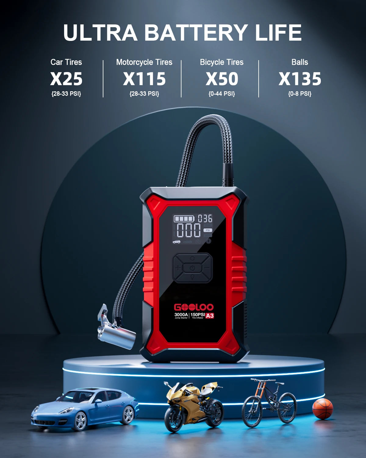 Jump Starter with Air Compressor, 3000A Portable Car Battery Booster